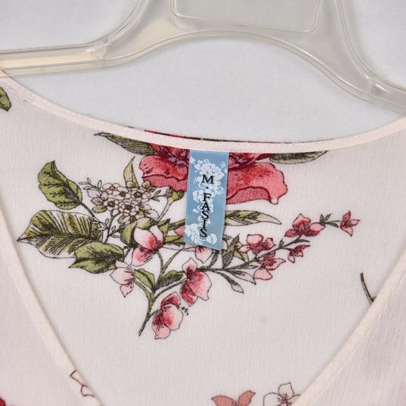 M Fasis Women's Top S Ivory Floral Button Tie Front Short Sleeve Boho Peasant - Picture 2 of 5